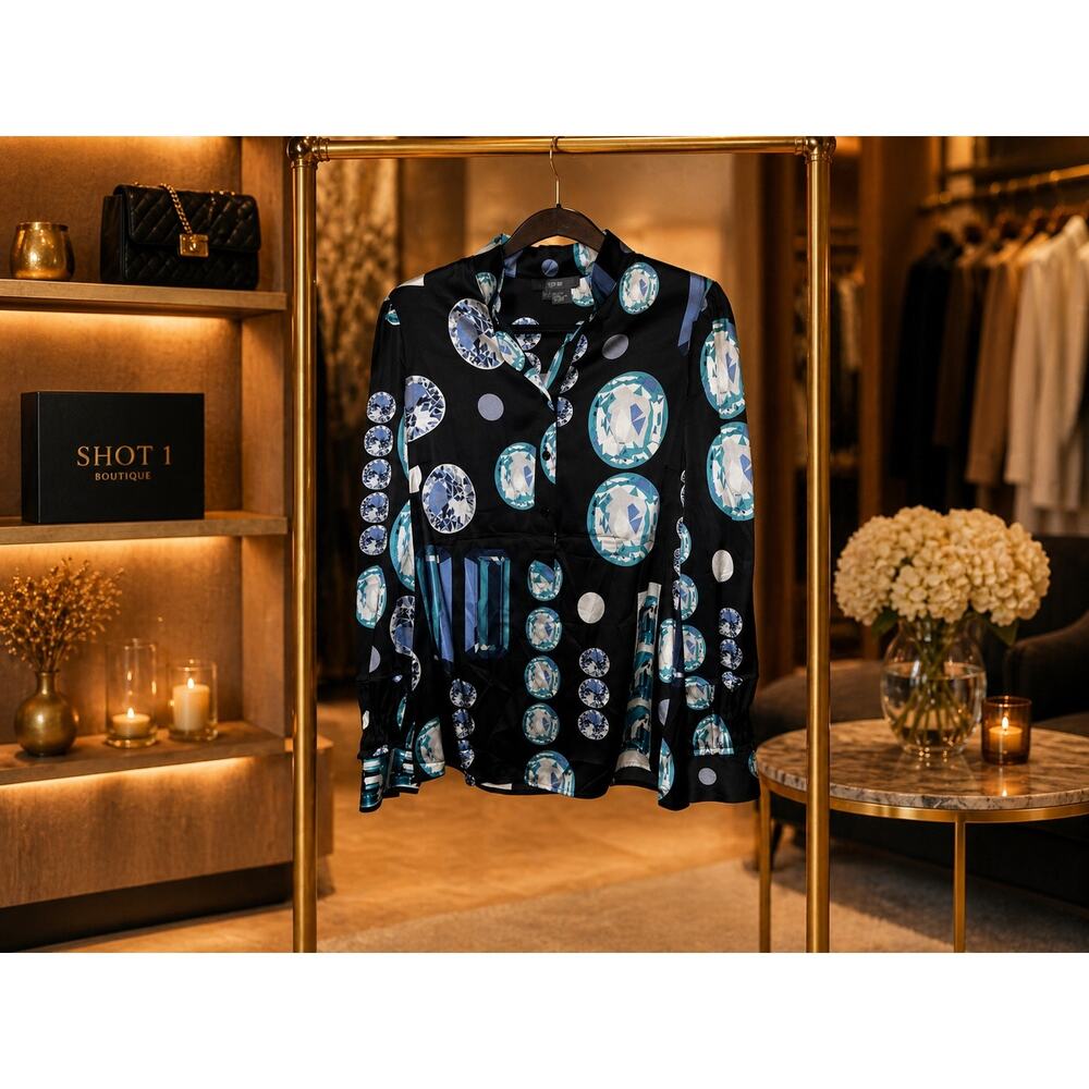 Per Se Silk Blouse Black Blue Geometric Print Button Front Size 4 Quiet Luxury